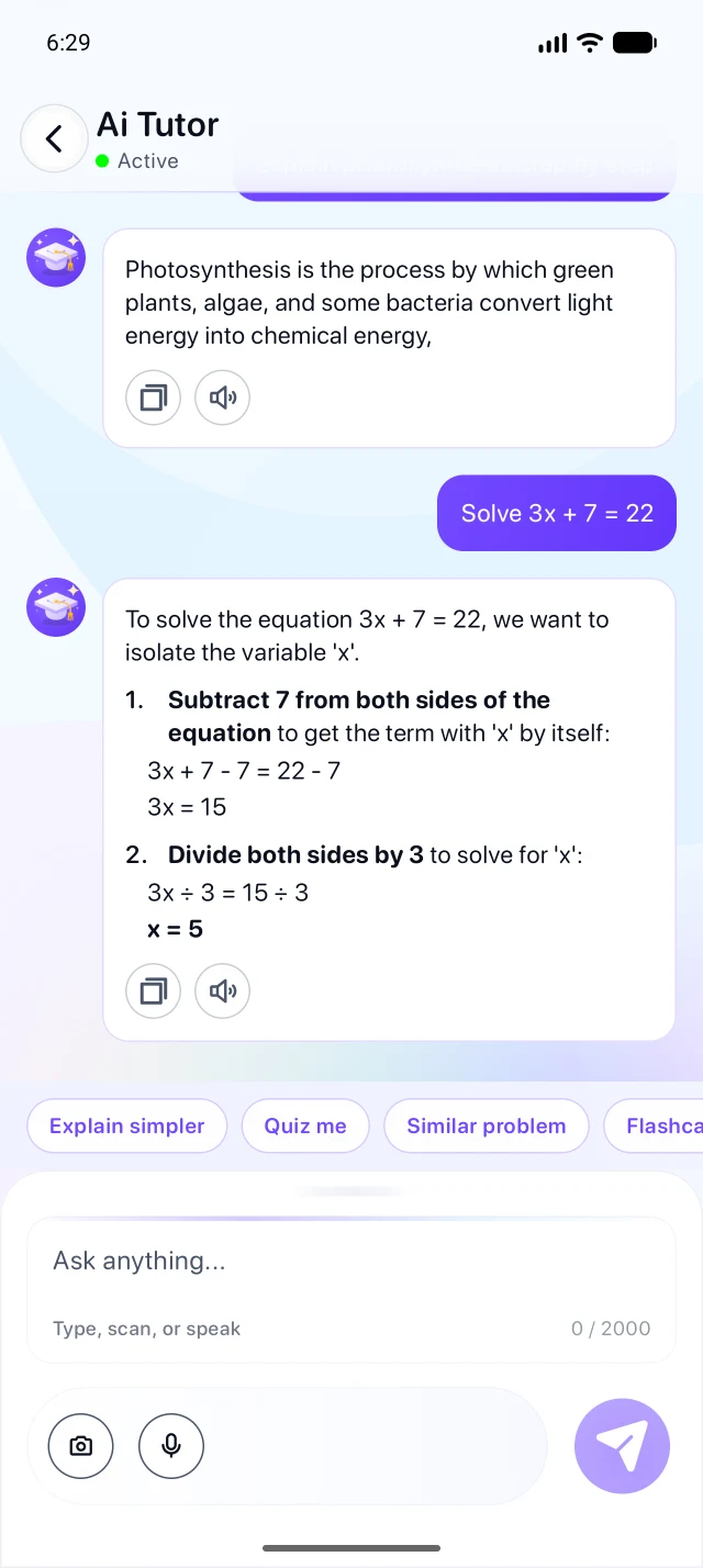 AI Tutor explaining an algebra problem step by step