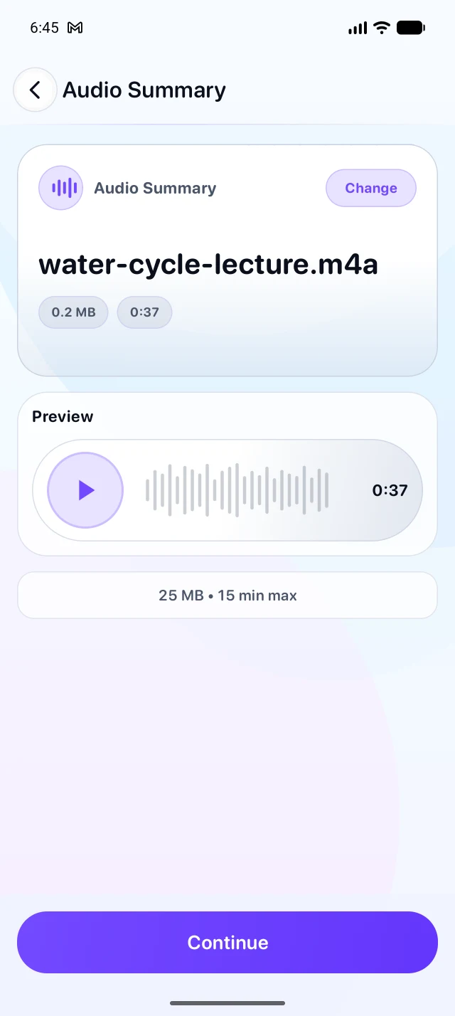 NeoTutor audio summary screen with a selected lecture recording