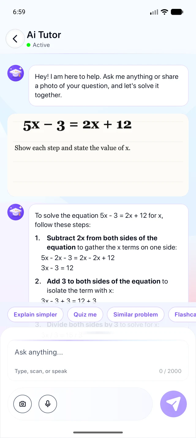 NeoTutor solving a scanned algebra question